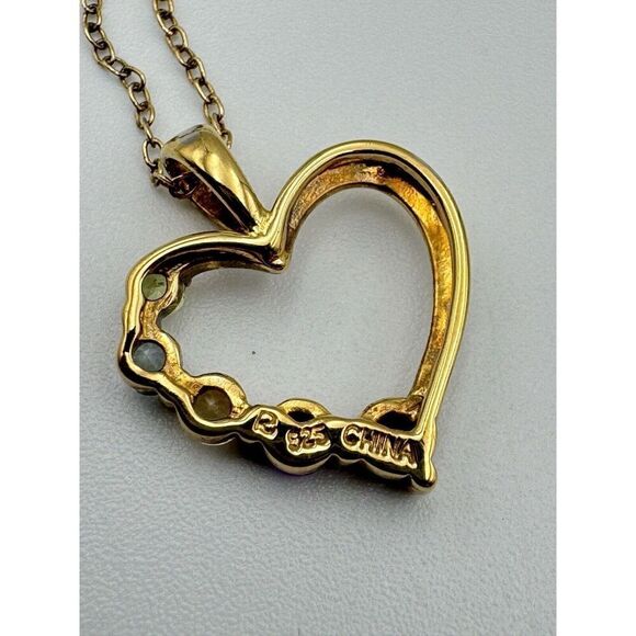 Vermeil 925 Sterling Silver Heart Pendant 5 Prong Set Natural Stone 18” Chain - Picture 4 of 7